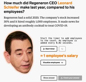 A screenshot of the fifth question of the quiz, asking how many employees it takes to reach the salary of Regeneron CEO Leonard Schleifer