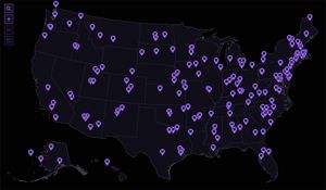A map of the United States with dozens of markers placed at locations where qualified immunity impacted a court case