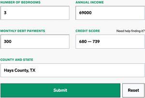 A screenshot of the quiz with the five questions shown, including credit score, salary, debt, county and desired bedrooms