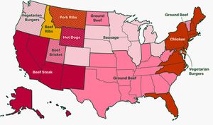 A choropleth map of the US showing the most uniquely popular meat purchased via InstaCart in each state near Independence Day 2022. There is a lot of beef, sausage and steak, but D.C. ate a lot of vegetarian burgers!