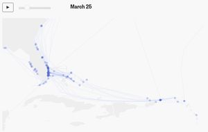 Animated map of boats moving from the Caribbean to mainland USA.